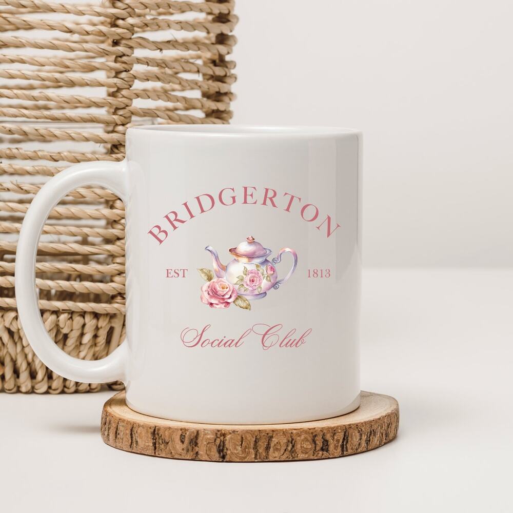 Bridgerton 15 oz Coffee Mug TV Show Social Club Teapot Floral Society Papers 05